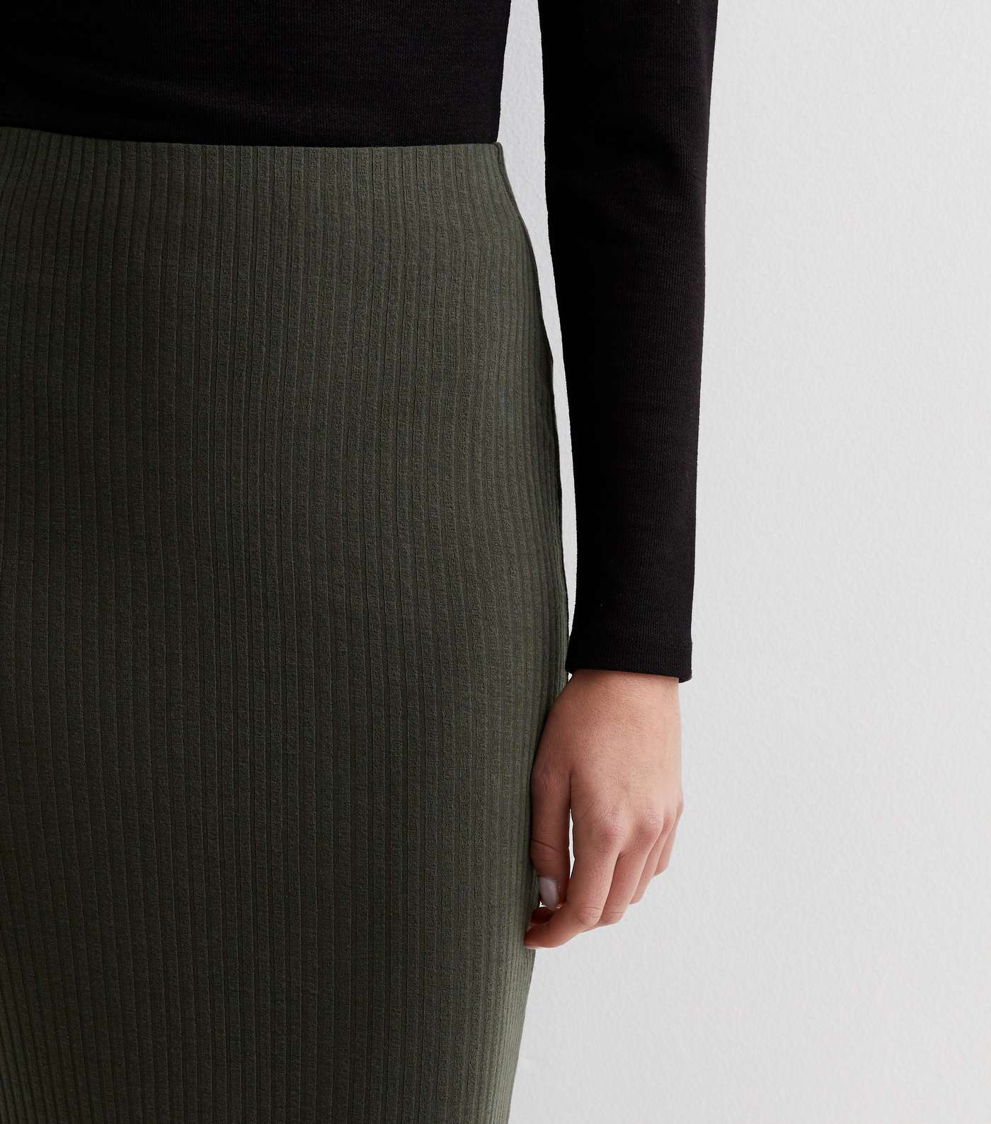 Khaki Ribbed Jersey Midi Skirt Image 2
