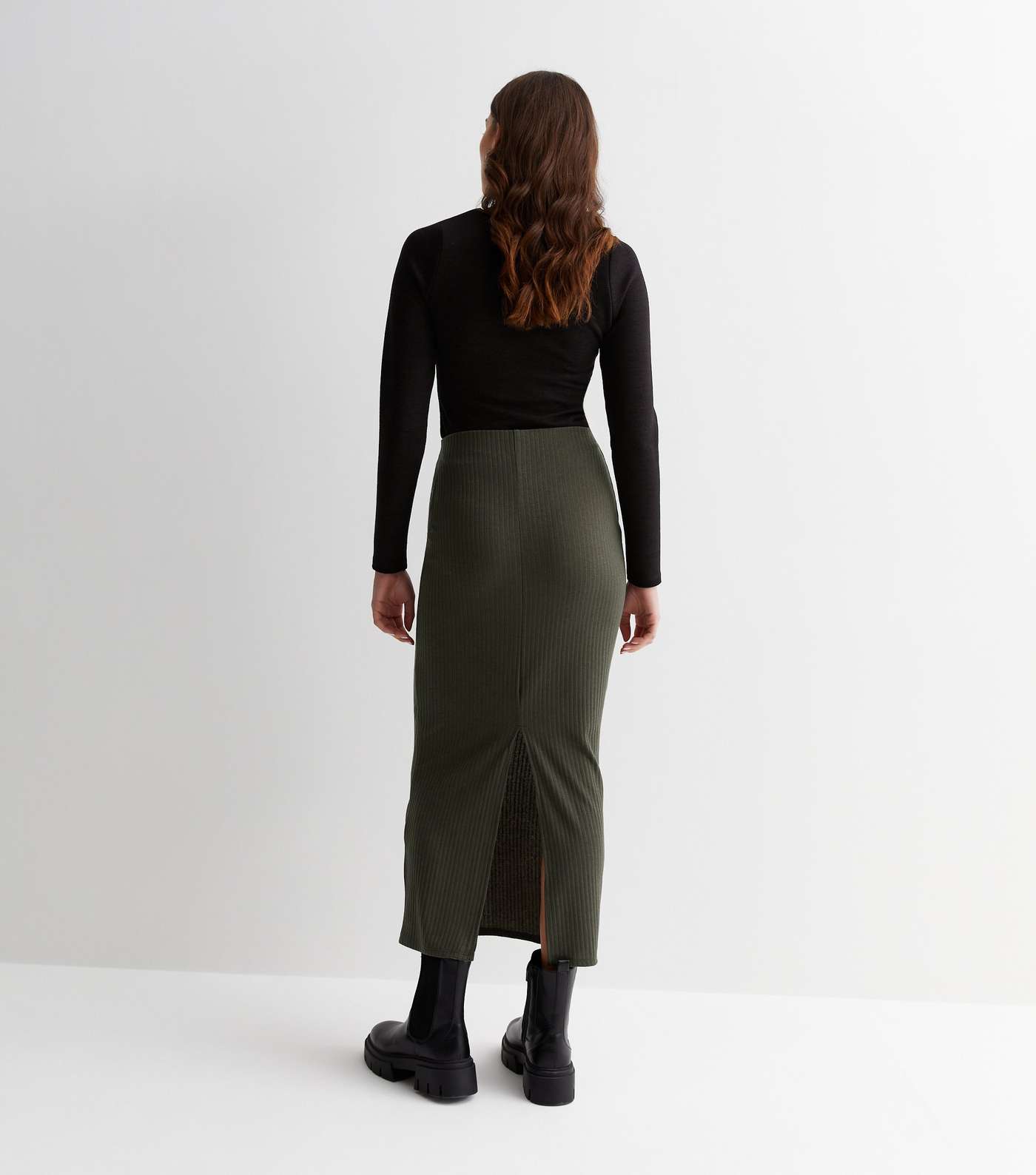 Khaki Ribbed Jersey Midi Skirt Image 4