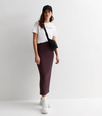 Burgundy Ribbed Jersey Midi Skirt New Look