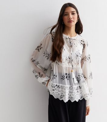 Off White Floral Print Broderie Tie Neck Blouse New Look