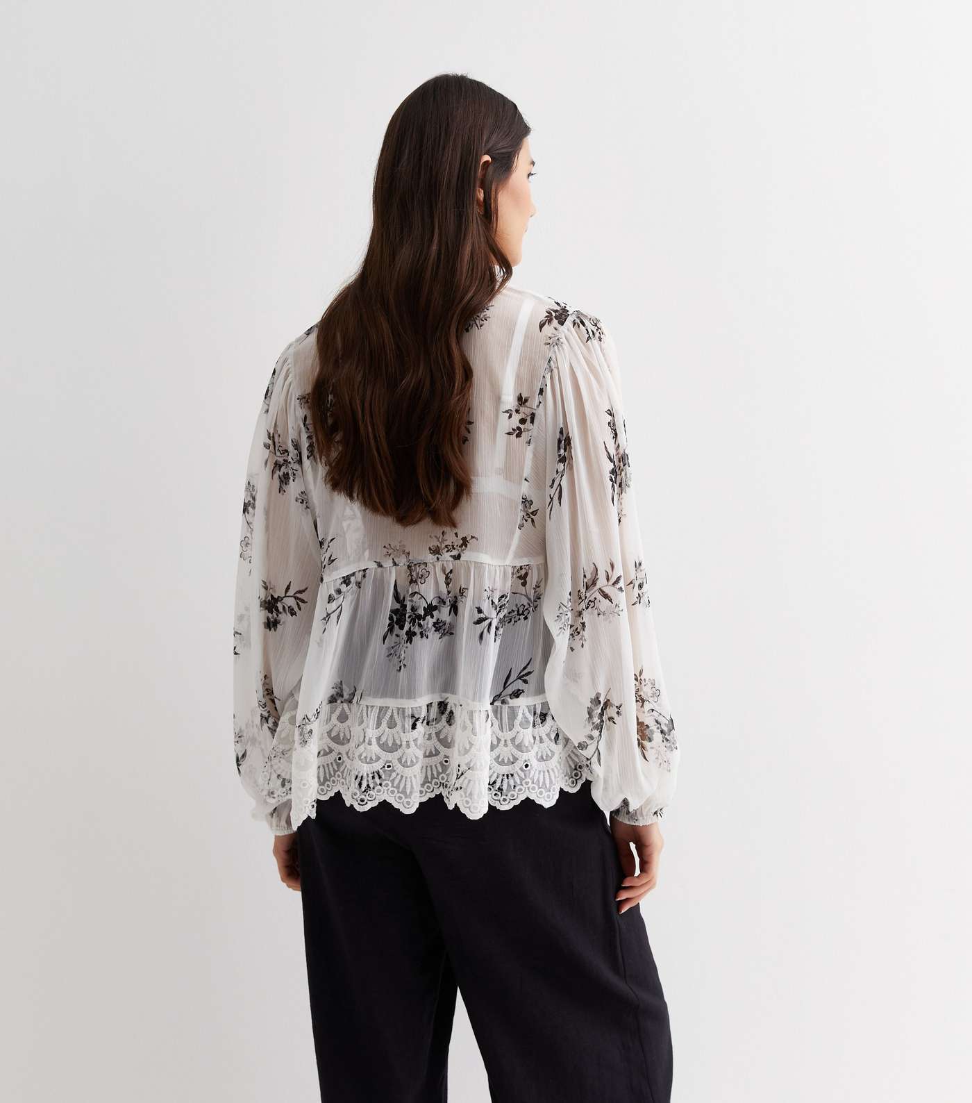 Off White Floral Print Broderie Tie Neck Blouse Image 4