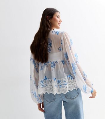 Blue Floral Print Broderie Tie Neck Blouse New Look