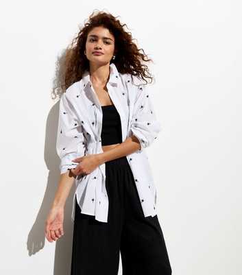 White Cotton Embroidered Palm Print Long Sleeve Shirt