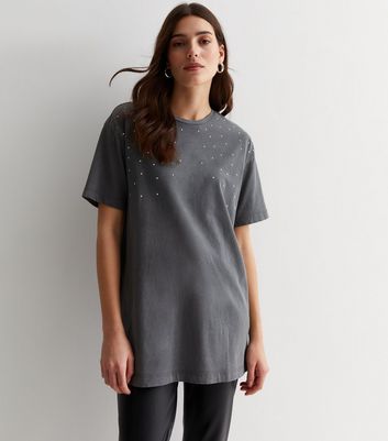 Dark Grey Cotton Stud Detail Oversized T-Shirt New Look