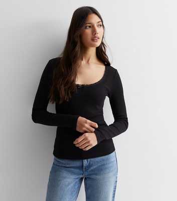 Black Ribbed Lace Trim Long Sleeve Top