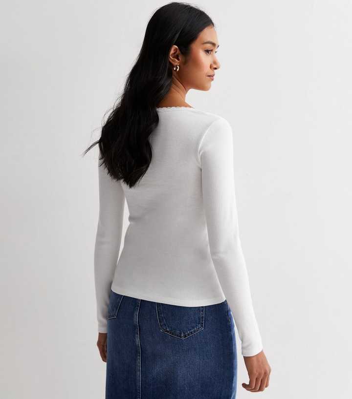 Off White Ribbed Lace Trim Long Sleeve Top