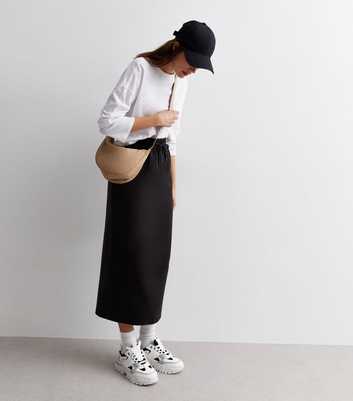 Black High Waist Drawstring Midi Skirt