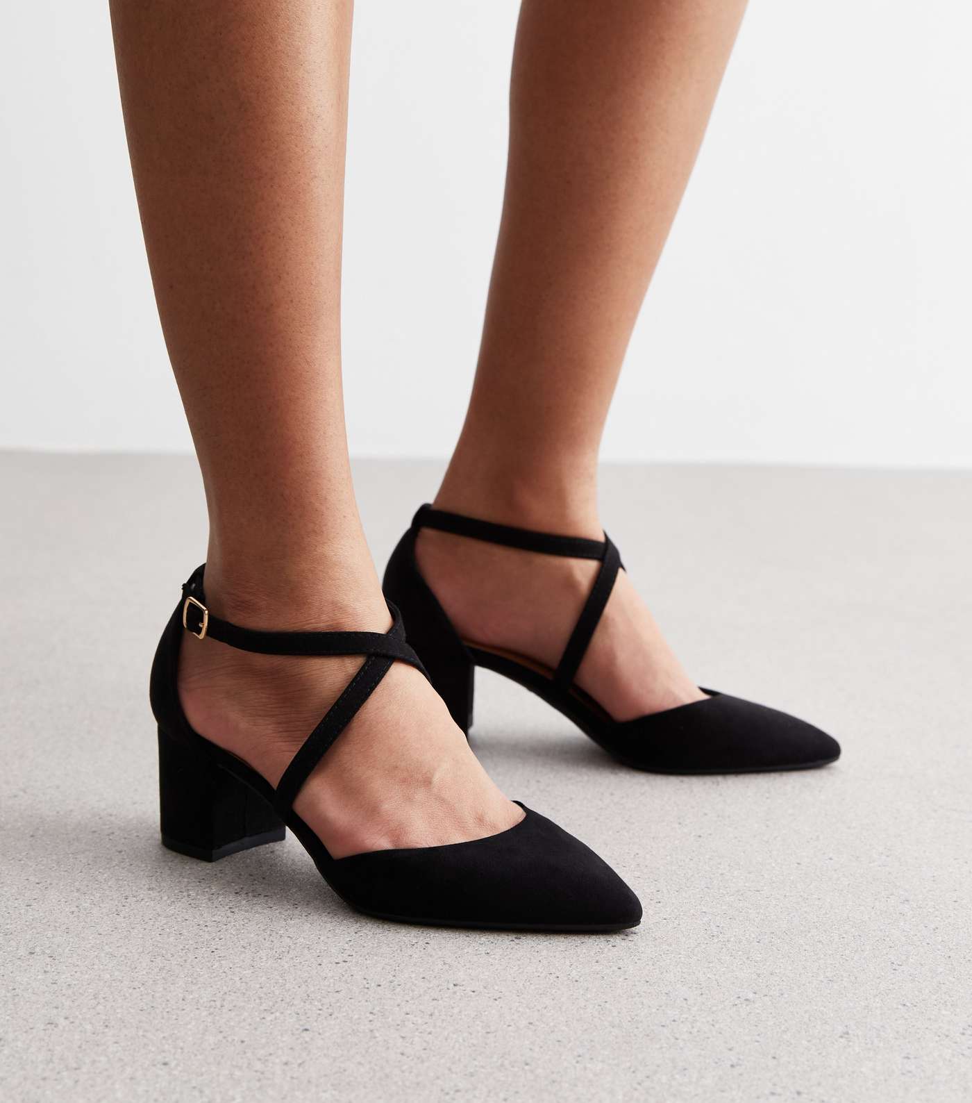 Black Suedette Pointed Mid Block Heel Court Shoes Image 2