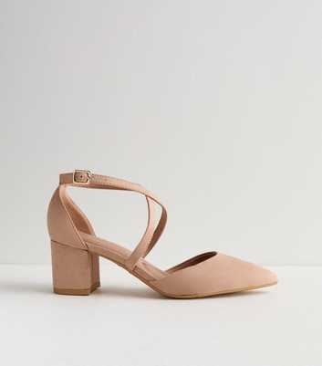 Pink Suedette Pointed Mid Block Heel Court Shoes