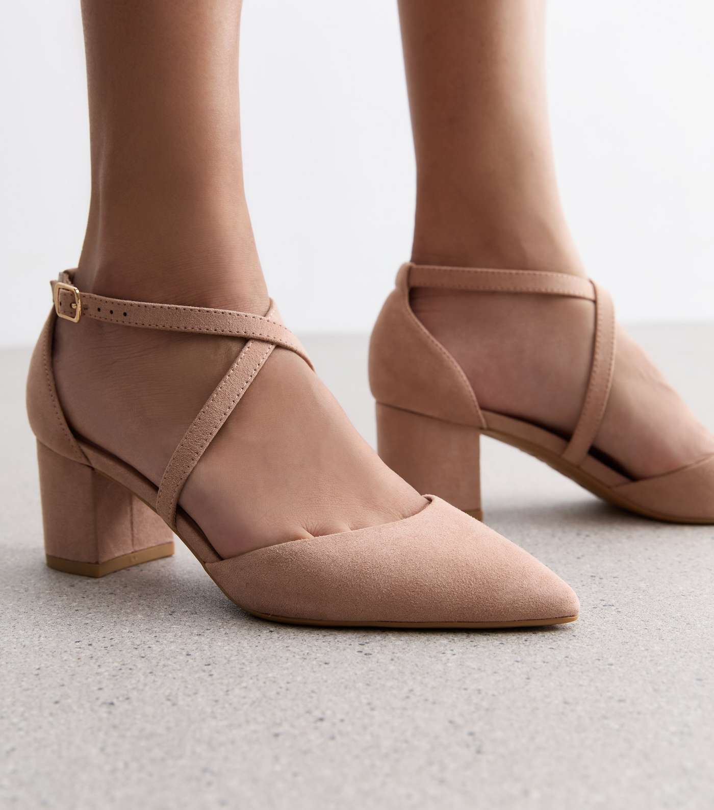 Pink Suedette Pointed Mid Block Heel Court Shoes Image 2