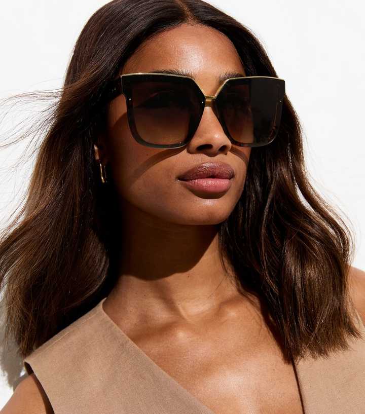 Brown Tortoiseshell Metal Trim Oversized Sunglasses