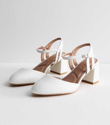 Wide Fit White Leather-Look Block Heel Court Shoes