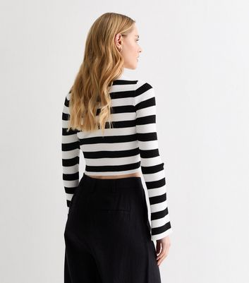 White Stripe Ribbed Knit Flared Sleeve Crop Jumper New Look