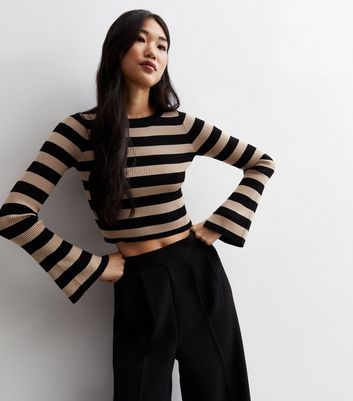 Black Stripe Ribbed Knit Flared Sleeve Crop Jumper New Look