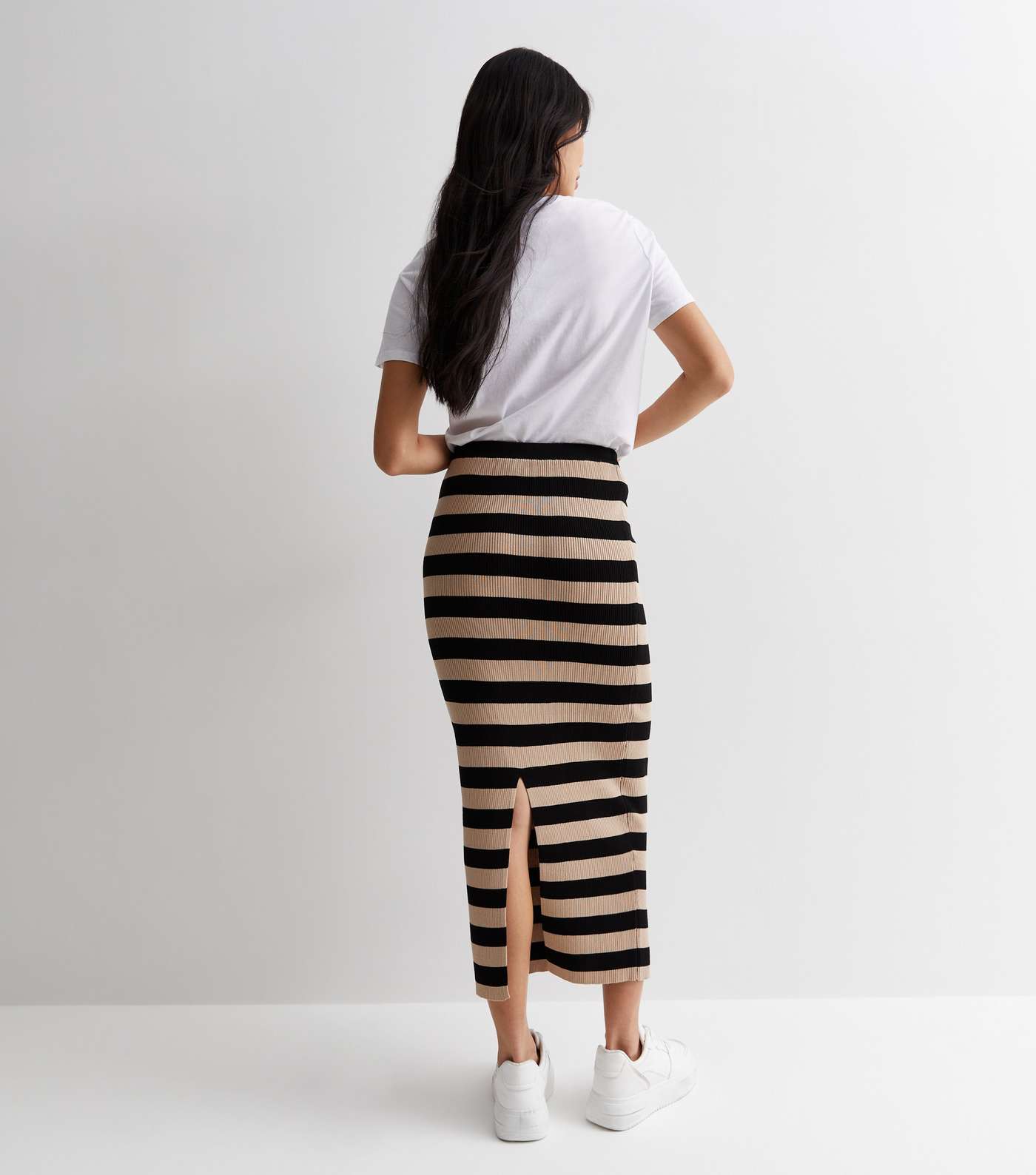 Brown Stripe Ribbed Knit High Waist Midaxi Skirt Image 5