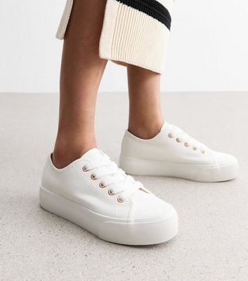 White Canvas Double Sole Lace Up Trainers New Look