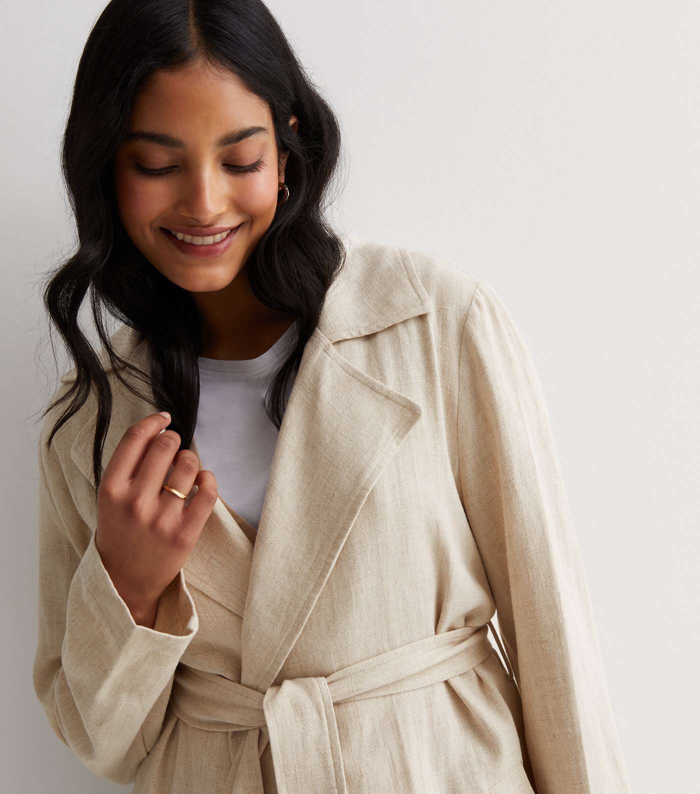 Stone Linen-Look Belted Trench Coat Image 2