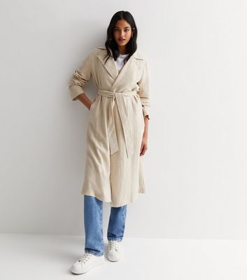 Stone Linen-Look Belted Trench Coat New Look