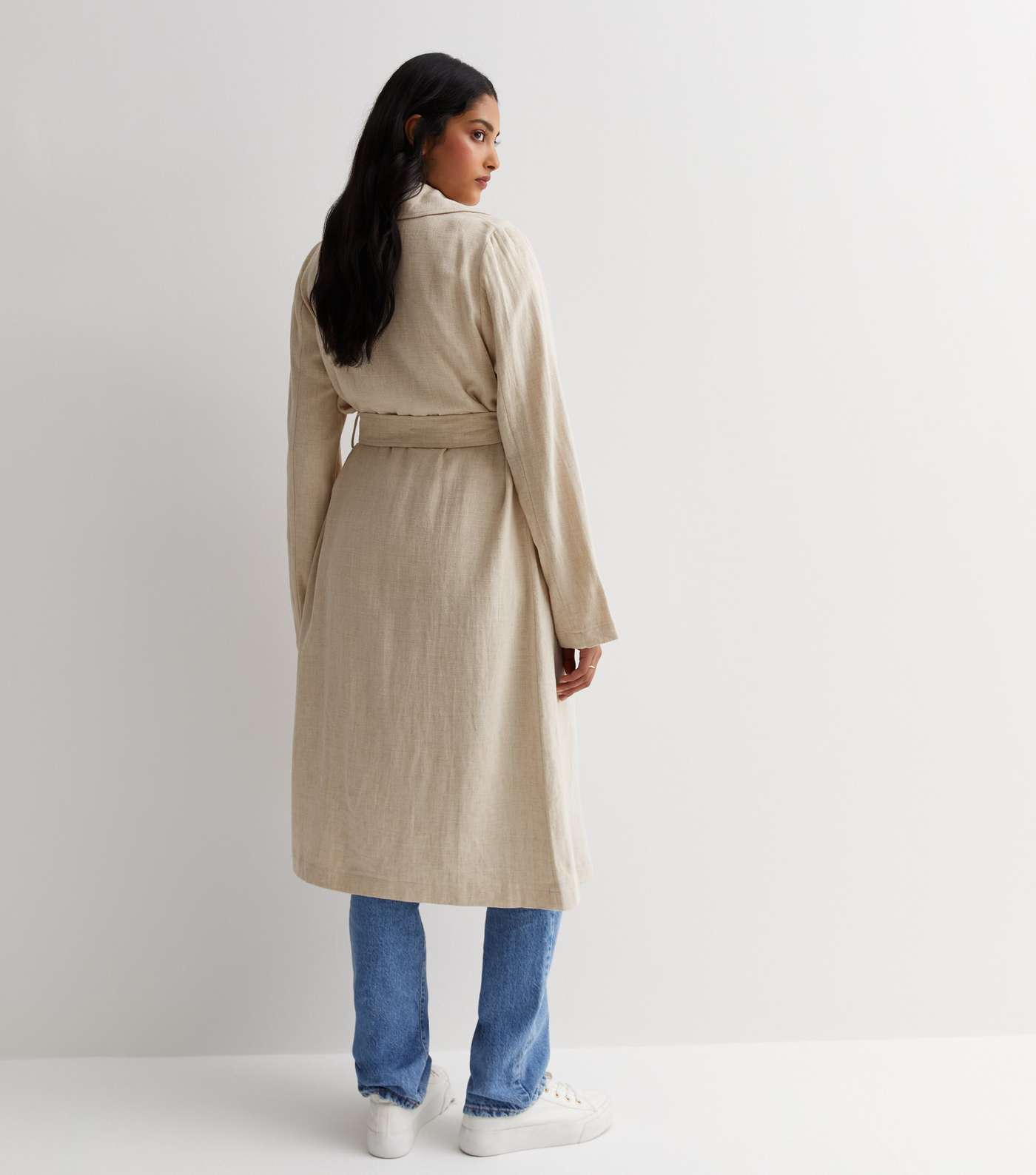 Stone Linen-Look Belted Trench Coat Image 4