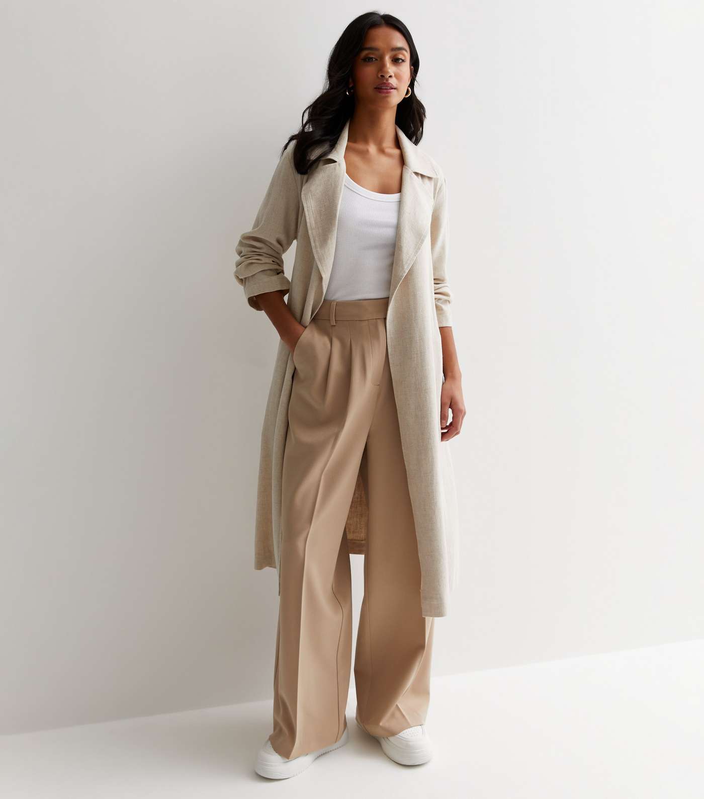 Petite Stone Linen-Look Belted Trench Coat | New Look