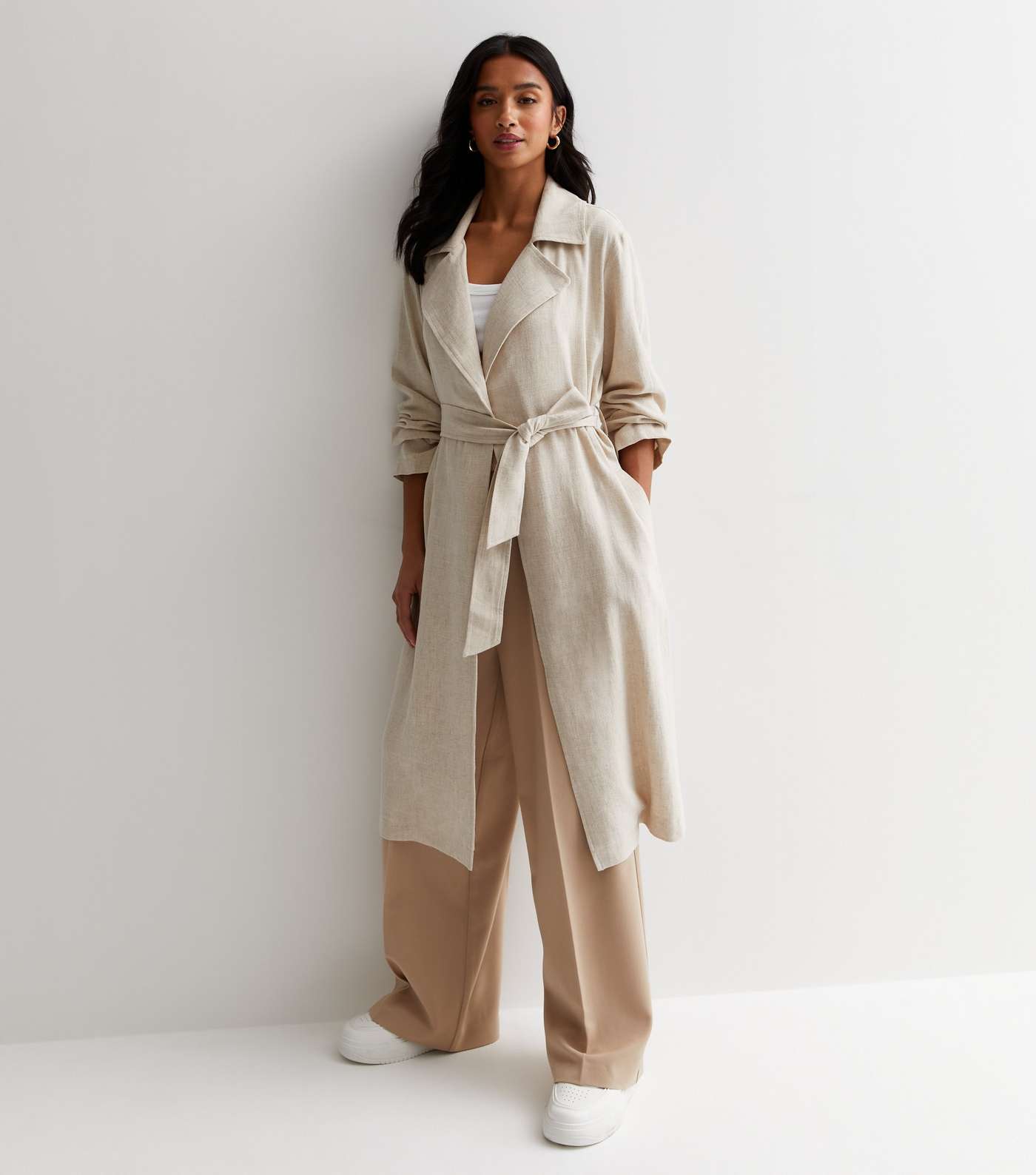Petite Stone Linen-Look Belted Trench Coat Image 3