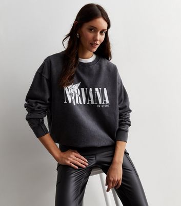 Dark Grey Acid Wash Nirvana Logo Sweatshirt New Look
