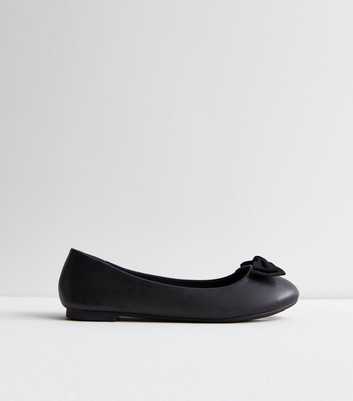 Wide Fit Black Leather-Look Bow Ballerina Pumps