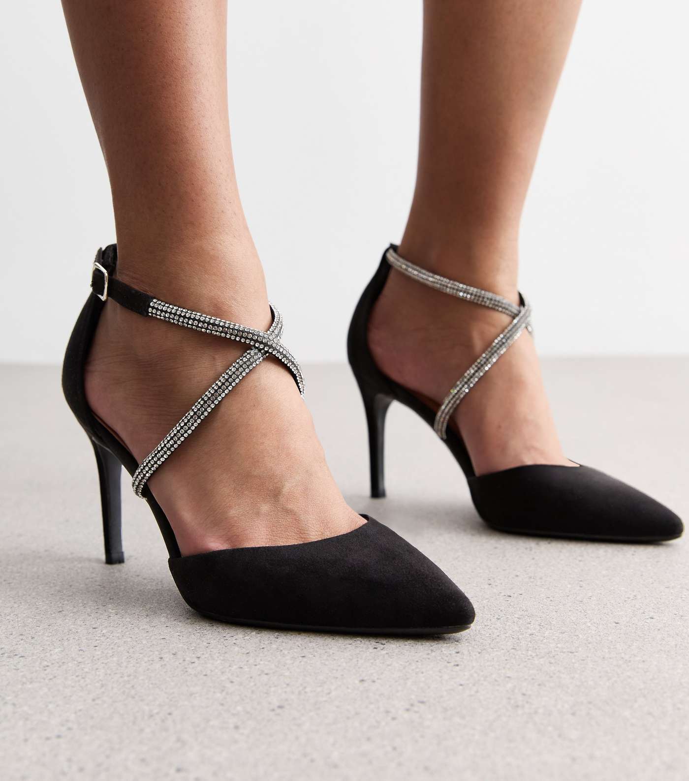 Black Suedette Diamanté Stiletto Heel Court Shoes Image 2
