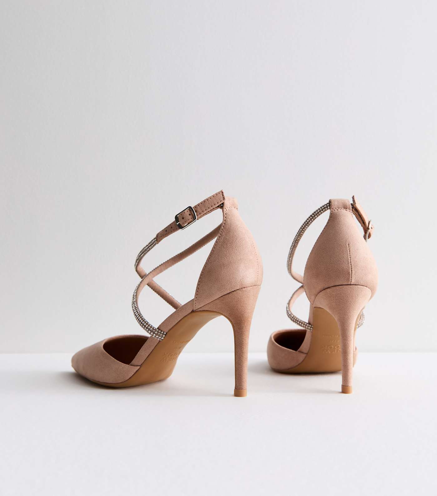 Pale Pink Suedette Diamanté Stiletto Heel Court Shoes Image 4