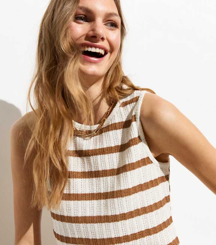 Brown Stripe Fine Pointelle Knit Vest
