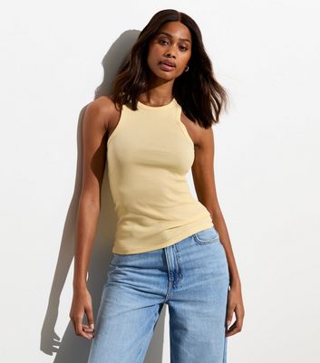 Pale Yellow Ribbed Racer Vest New Look