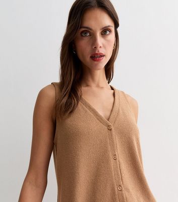 Tan Textured Fine Knit Button Front Vest New Look