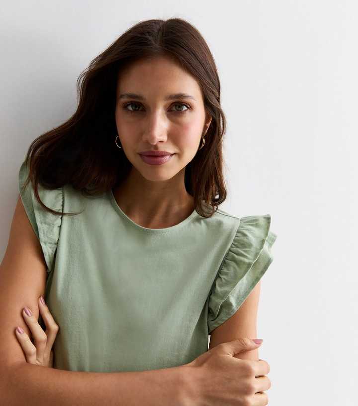 Khaki Cotton Frill Sleeve Top