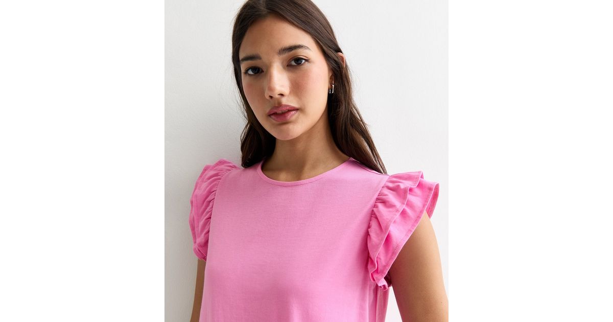 Deep Pink Cotton Frill Sleeve Top | New Look