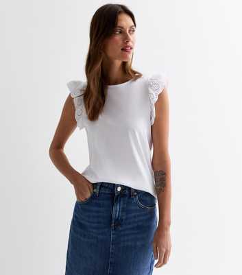 White Cotton Broderie Frill Sleeve Top