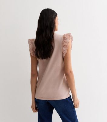 Light Brown Cotton Broderie Frill Sleeve Top New Look
