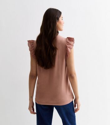 Mid Pink Cotton Broderie Frill Sleeve Top New Look