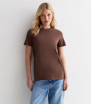 Dark Brown Cotton Crew Neck T-Shirt New Look
