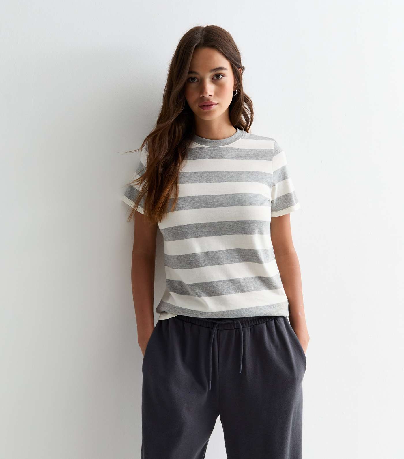 Grey Stripe Crew-Neck Cotton T-Shirt Image 3