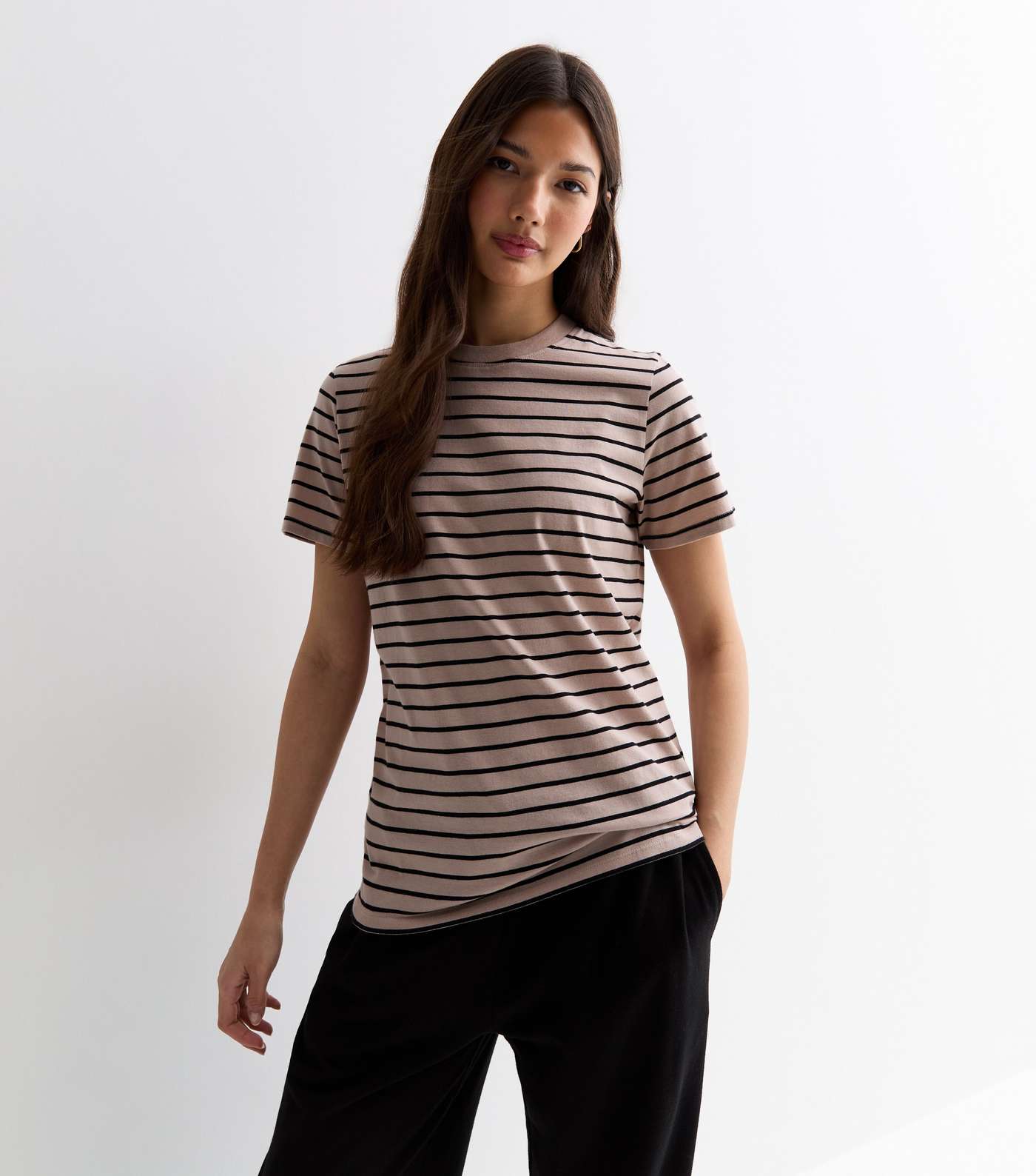 Brown Stripe Crew-Neck Cotton T-Shirt Image 3