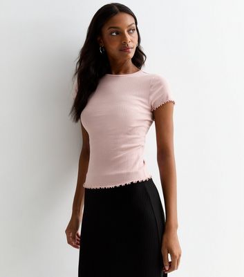 Pink Ribbed Frill Sleeve T-Shirt