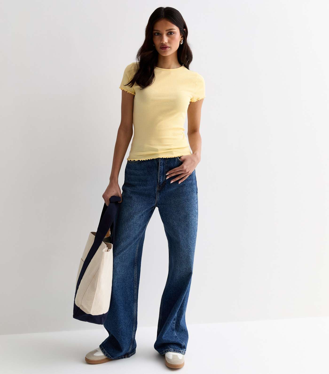 Pale Yellow Ribbed Frill Sleeve T-Shirt Image 3