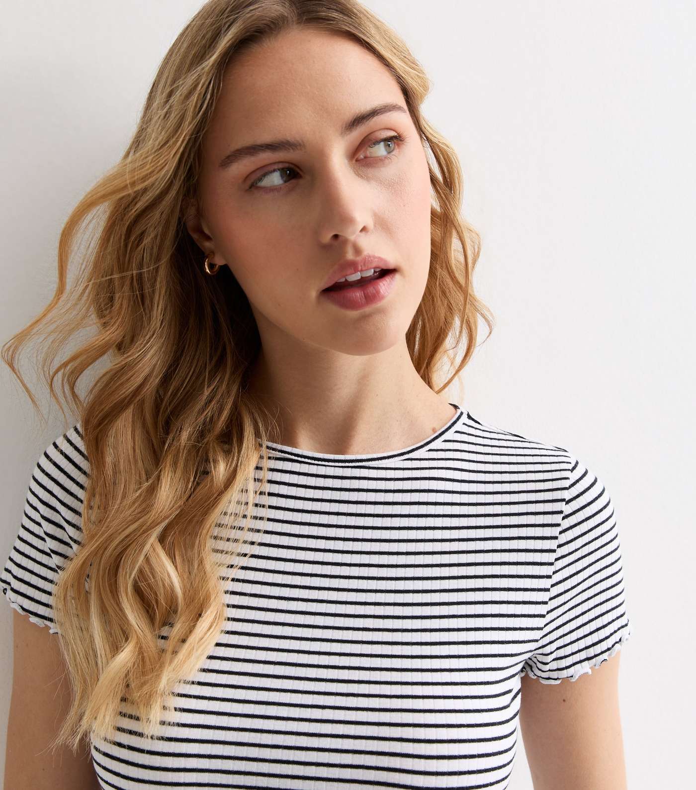 White Striped Ruffle Trim T-shirt
