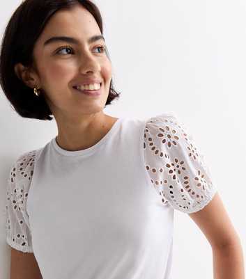 White Cotton Broderie Puff Sleeve Top