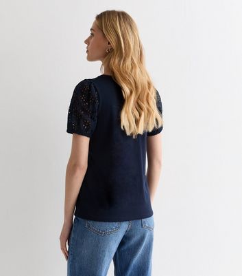 Navy Cotton Broderie Puff Sleeve Top New Look