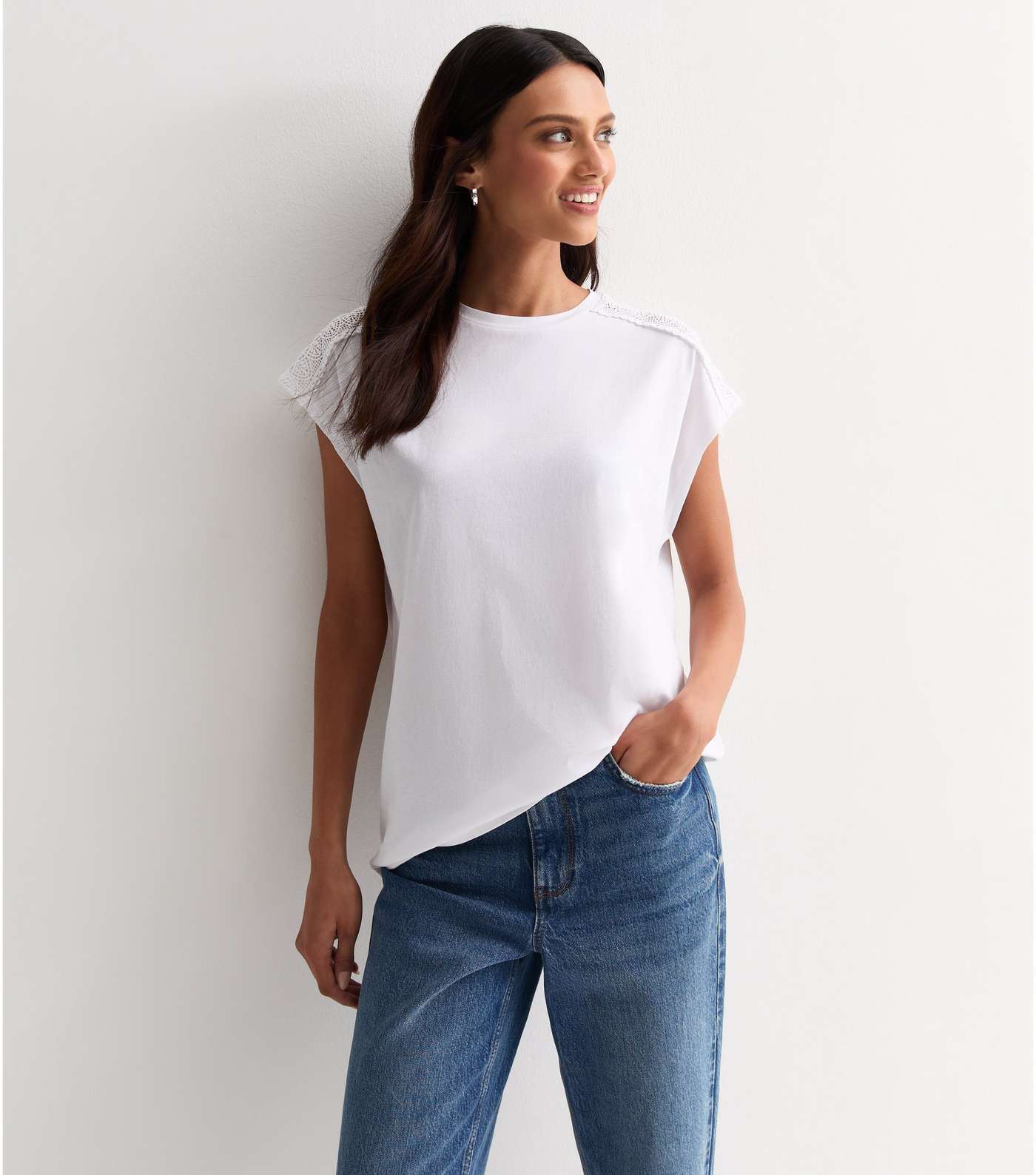 White Crochet-Trim Cotton T-Shirt Image 3