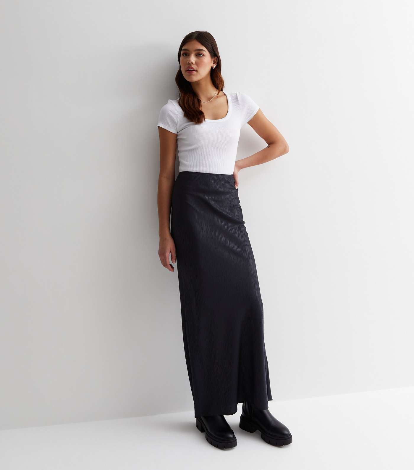 Tall Black Jacquard Satin Bias Cut Midi Skirt Image 3