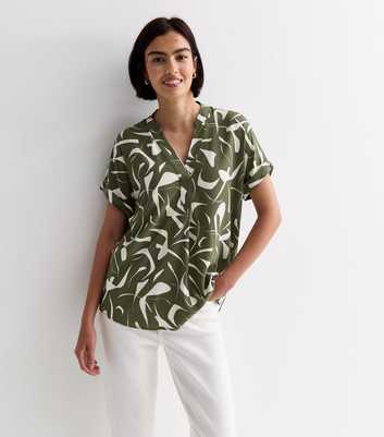 Green Abstract Print Roll Sleeve Top
