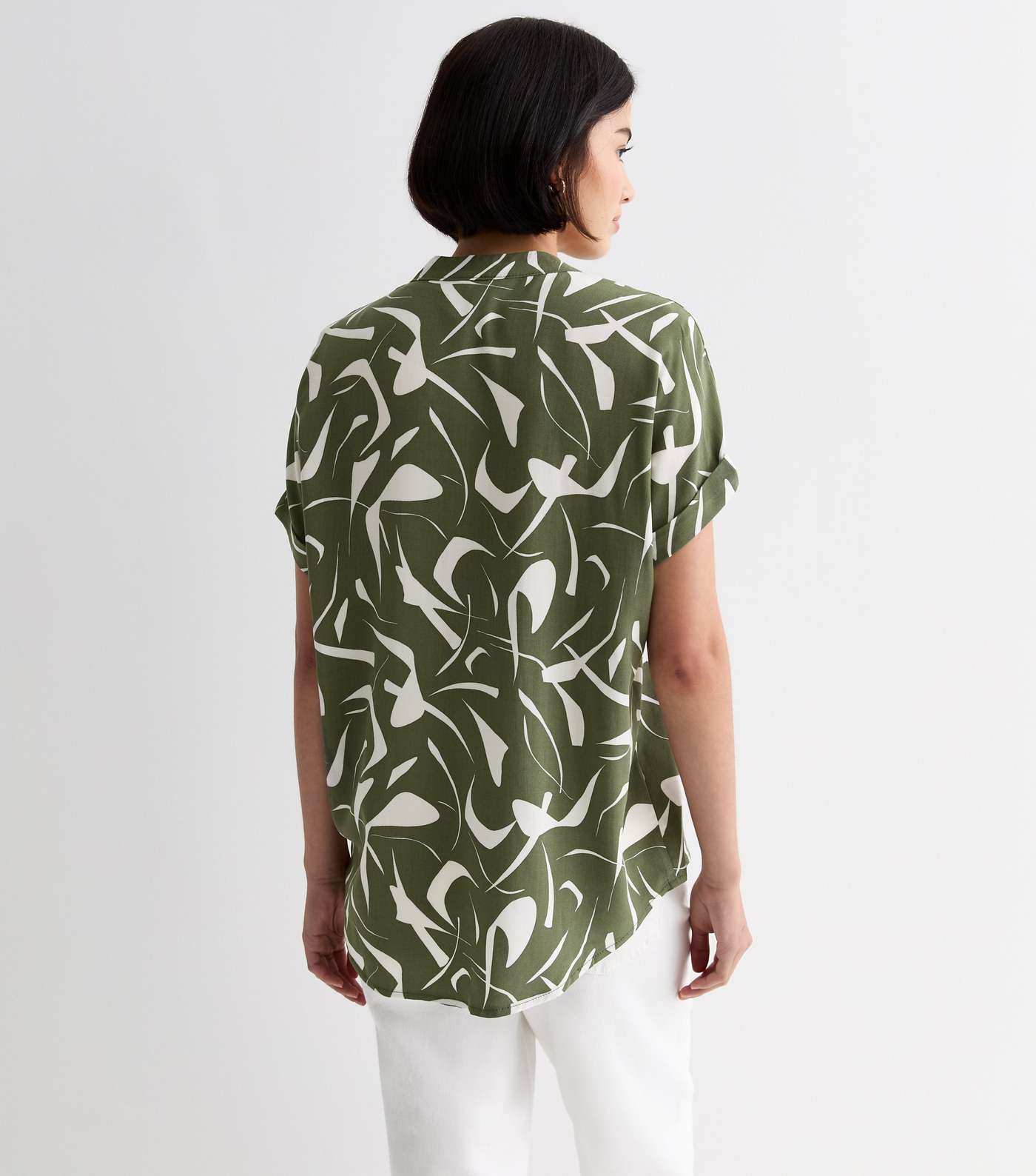 Green Abstract Print Roll Sleeve Top Image 4