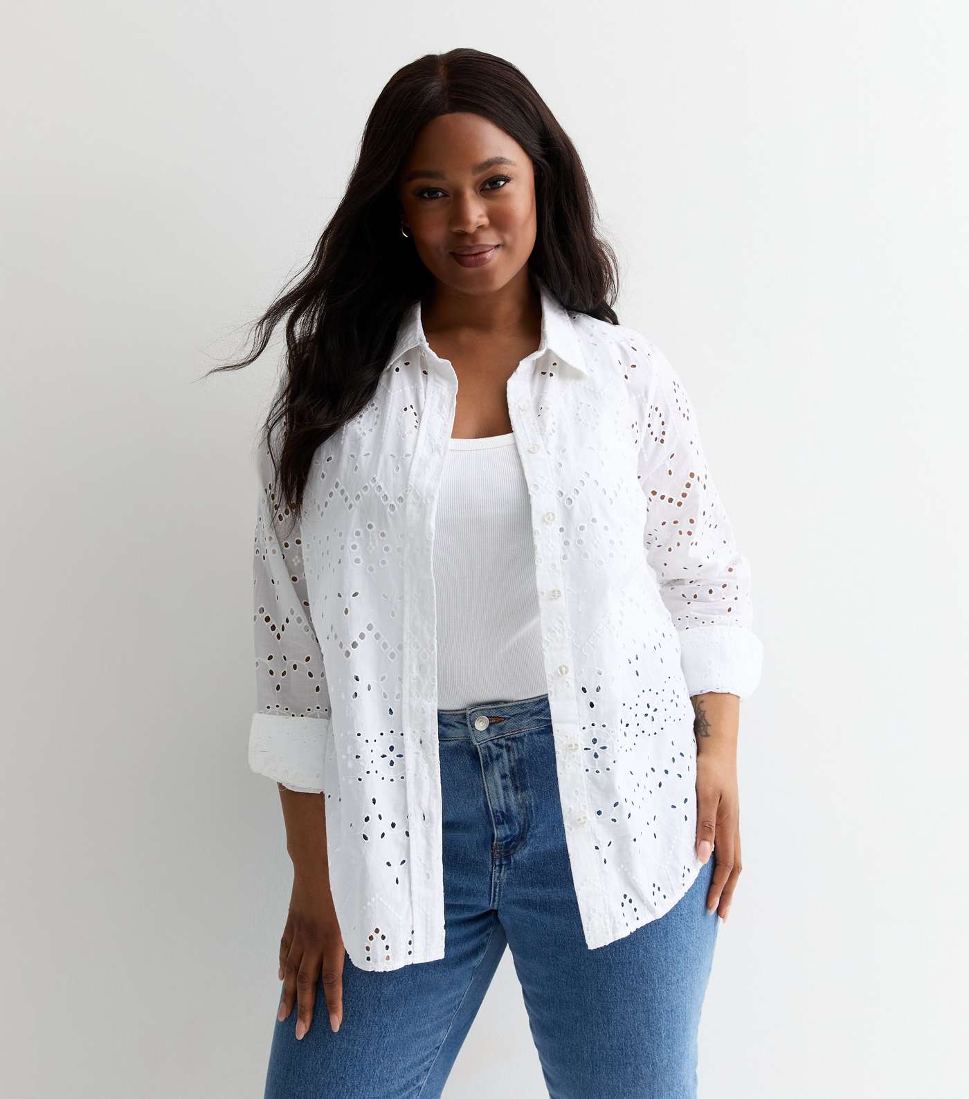 Curves White Cotton Embroidered Long Sleeve Shirt Image 3